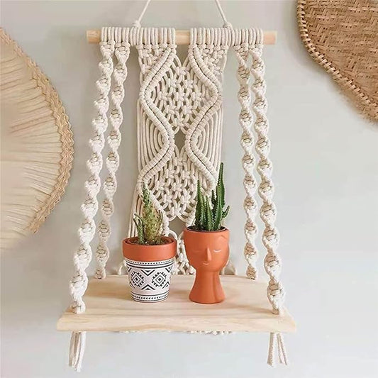 Macrame Wall Hanging Plant Decor Shelf Indoor Outdoor Floating Wood shelve Decorative Hand Made Rope Boho Shelving for Plants-BloomoryGarden