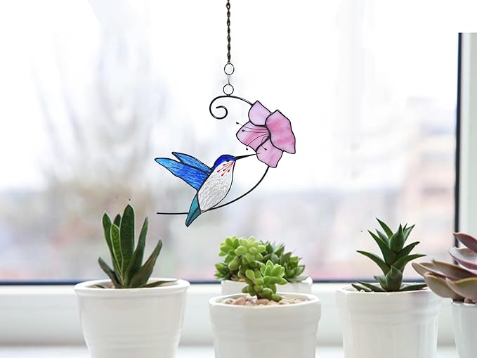 Lolitarcrafts Hummingbird with Flower Stained Glass Suncatcher Bird Stained Glass Window Hangings Hummingbird Gift for Home Decor (Blue with Flower)-BloomoryGarden
