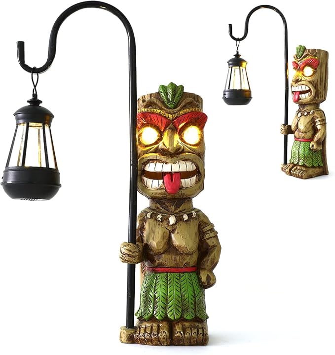 16.7" H Tiki Decor Garden Statue,Large Lantern Tiki Figurine with Solar Lights,Hawaiian Tiki Man Outdoor Patio Yard Lawn Bar Party Beach Pool Pond Halloween Christmas Decoration Ornament Gifts-BloomoryGarden