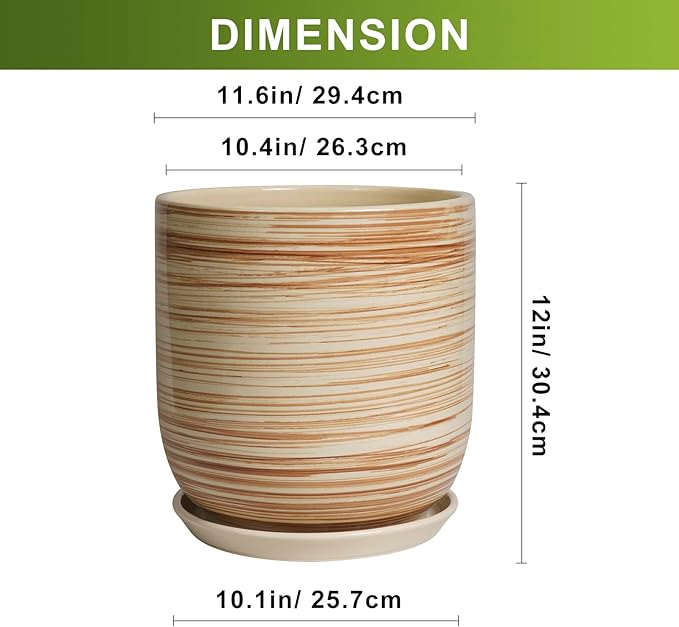 12 Inch Pots for Plants - Ceramic Planters for Indoor Plants, Large Planter Pot for Home Garden Patio Office with Drainage Hole Cylinder Flower Pot Yellow-BloomoryGarden