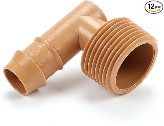 12 Pieces 3/4 Inch PVC to 1/2 Inch Drip Irrigation Adapter Fittings, 3/4" Male Pipe Thread(MPT) x 1/2" Drip Line Barbed Elbow Connectors 3/4-in PVC to 1/2-in Poly Tubing Adapter-BloomoryGarden