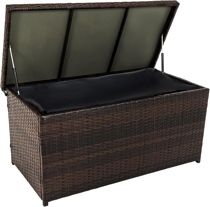 Outdoor 70 Gallon Wicker Storage Box with Waterproof Liner, Patio PE Rattan Storage Container for Outside, Deck Box with Hinged Lid for Cushions, Pillows, Towels, Horizontal Bin, Brown-BloomoryGarden