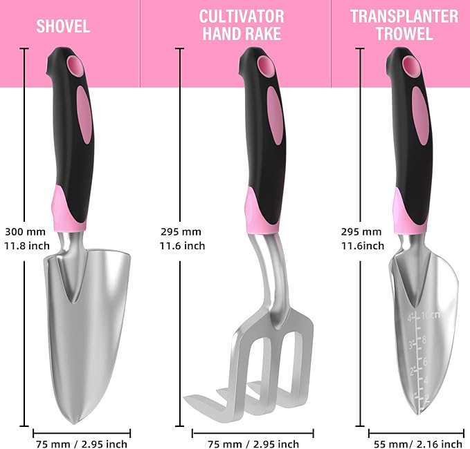 Garden Tool Set SOYUS Heavy Duty 3 Piece Gardening Hand Tools Aluminum Garden Shovel for Planting Hand Trowel Cultivator Rake with Ergonomic Non-Slip Rubber Grip Pink Gardening Gifts for Women-BloomoryGarden