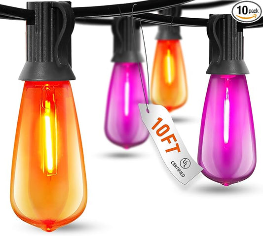 10Ft LED Outdoor String Lights, Halloween Orange Purple Lights with 10 0.6W ST40 LED Bulbs, Waterproof Connectable Patio Lights for Indoor Outdoor Backyard Garden Halloween Christmas Holiday Decor-BloomoryGarden