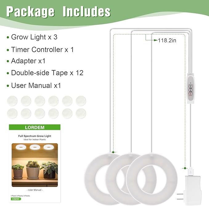 LORDEM Ceiling Grow Light for Indoor Plants, 144 LEDs Full Spectrum LED Plant Light, 5V Plant Lamp with 4/8/12H Auto Switch, 4 Dimmable Brightness Levels, Ideal for Small Plants, Tri Head, Corded-BloomoryGarden