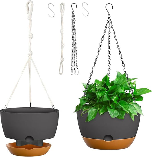 10 Inch Hanging Planters for Indoor & Outdoor Plants (2 Pack) - Self-Watering & Drainage Flower Pots with 2 Kinds of Plant Hangers for Home Decor & Garden (Deep Gray, 10 in)-BloomoryGarden
