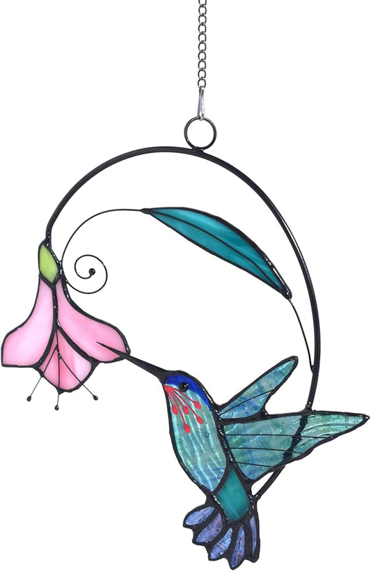 Lolitarcrafts Stained Glass Hummingbird Window Hangings with Flowers, Bird Stained Glass Suncatcher for Window Decor Hummingbird Gifts for Mom,Bird Lovers (Blue with Flower A)-BloomoryGarden