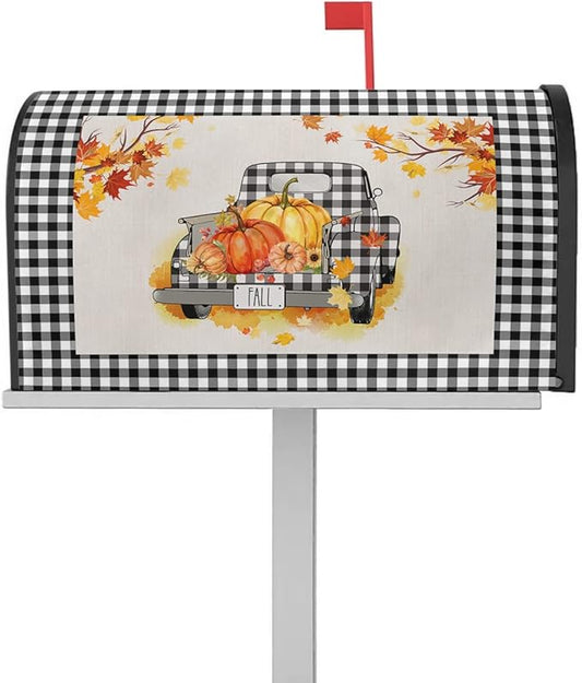 Magnetic Mailbox Cover Oversized 21"x25.5" Fall Black and White Buffalo Plaid Truck with Pumpkins Post Box Cover Mailbox Wraps Post Letter Box Cover for Holiday Garden Yard Outdoor Decor-BloomoryGarden