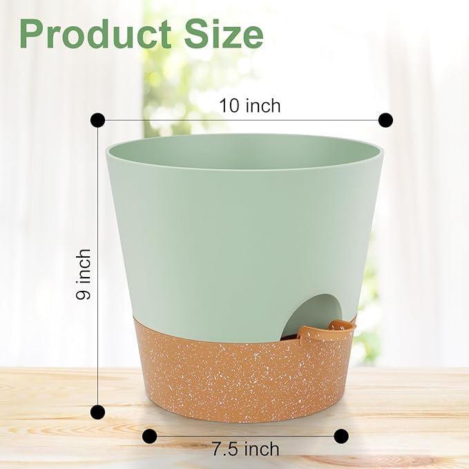 10-Inch Plant Pots, Self-Watering Planters with Drainage Holes & Saucers for Indoor and Outdoor Plants (2-Pack, Green)-BloomoryGarden