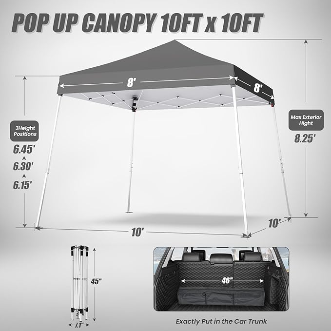 10x10 Pop Up Canopy, 300D Silver Coated Grey Fabric Outdoor Gazebo, Beach Tent Slant Legs with Storage Bag,Easy Up Sun Shade Shelter Tents with 8x8 Top Cover for Patio,Party-BloomoryGarden