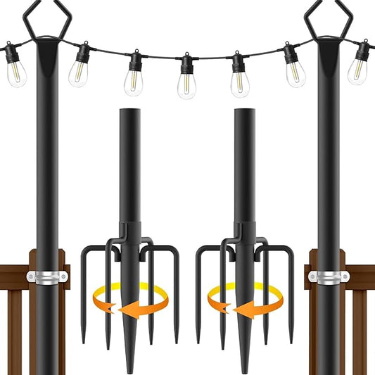 10Ft String Light Poles 2 Pack,Light Poles for Outside Lights,Outdoor with Fence Brackets Hanging Lights,Metal Stand Deck Patio Backyard-BloomoryGarden