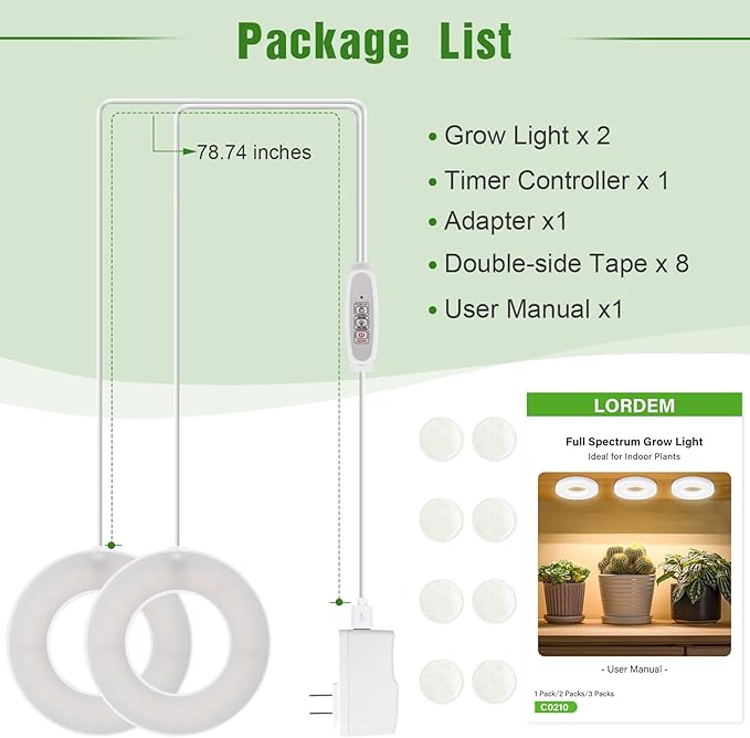 LORDEM Ceiling Grow Light for Indoor Plants, 96 LEDs Full Spectrum LED Plant Light, 5V Plant Lamp with 4/8/12H Auto Switch, 4 Dimmable Brightness Levels, Ideal for Small Plants, Dual Head, Corded-BloomoryGarden