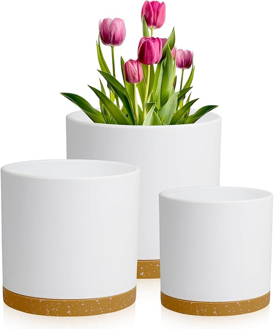 10/8/6 inch Deep Plant Pots, 3 Pack Cylindrical Large Flower Pots for Outdoor Indoor Plants, Tall Plastic Planters with Drainage Holes and Saucers for Garden House Plants, White with Brown-BloomoryGarden