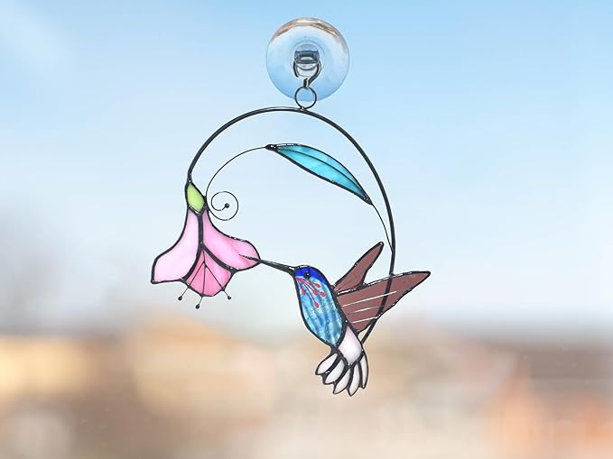Lolitarcrafts Stained Glass Hummingbird Window Hangings with Flowers, Bird Stained Glass Suncatcher for Window Decor Hummingbird Gifts for Mom,Bird Lovers (Blue with Flower B)-BloomoryGarden
