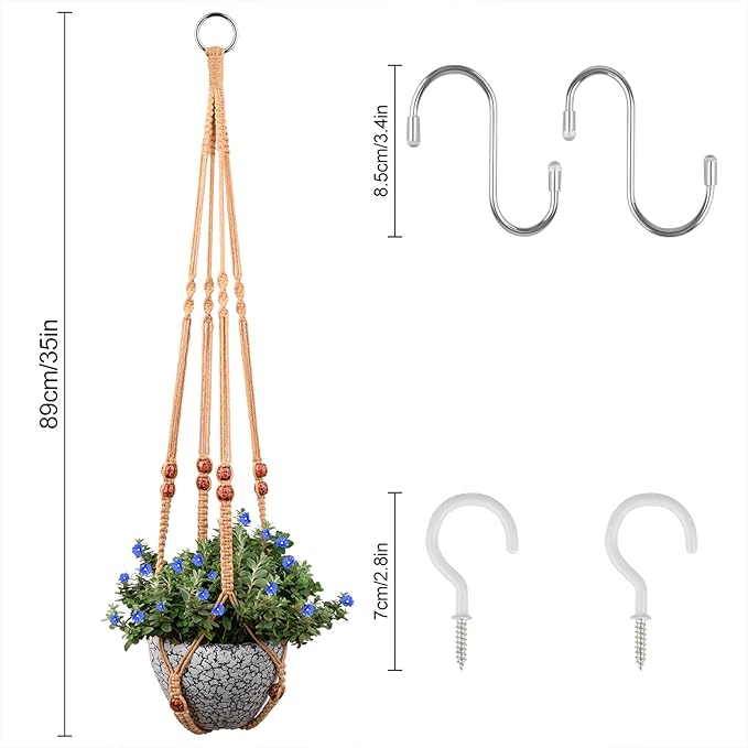 Macrame Plant Hanger for 5 to 10 Inch Plant Pots, Set of 2 Indoor Handmade 35 Inch Woven Rope Hanger Kits with Hooks and Wood Beads, Hanging Planter Basket Holder for Boho Home Decor (Brown, 2 Pack)-BloomoryGarden