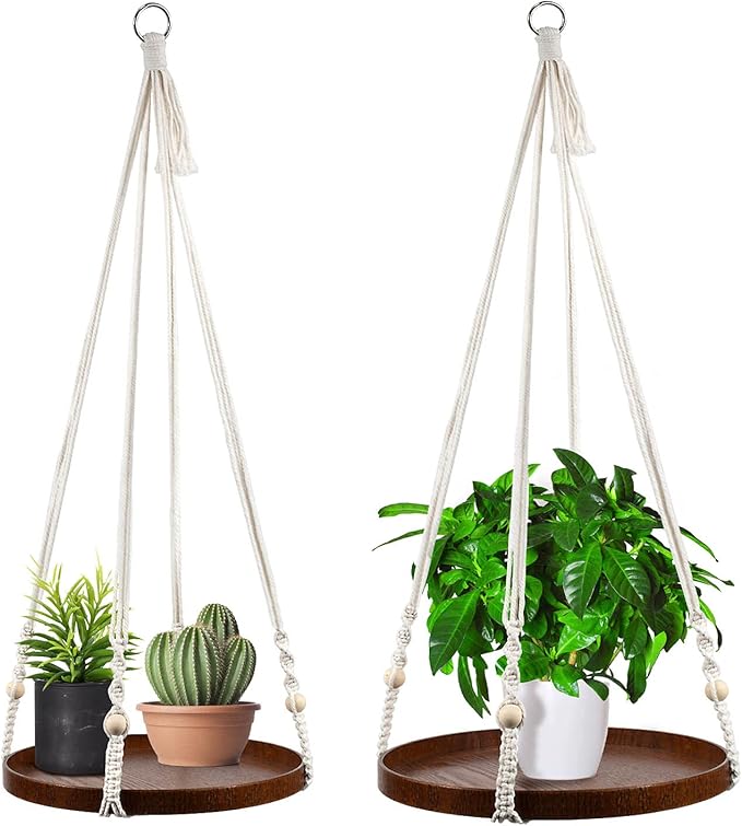 Macrame Plant Hanger - 2 Set Indoor Hanging Planter Shelf - Hanging Planter Rack Decorative Flower Pot Holder - Handmade Cotton Plant Hangers with Wood Tray Boho Home Decor-BloomoryGarden