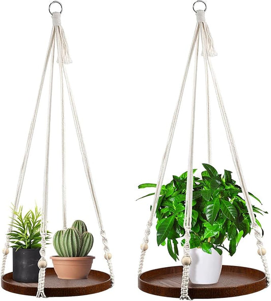 Macrame Plant Hanger - 2 Set Indoor Hanging Planter Shelf - Hanging Planter Rack Decorative Flower Pot Holder - Handmade Cotton Plant Hangers with Wood Tray Boho Home Decor-BloomoryGarden