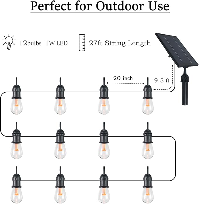 Luwint 27ft Solar String Lights - 12 Bulbs, Waterproof Fairy Hanging Lights for Outdoor Patio, Garden, Yard, and Deck Decoration - Solar Powered LED Lights-BloomoryGarden