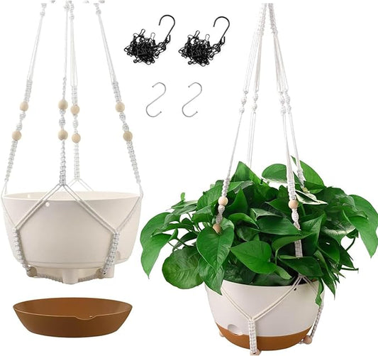 10 Inch Hanging Planters for Indoor & Outdoor Use (2 Pack) - Self-Watering & Drainage Flower Pots with Chain & Macrame Hangers (White, 10 in)-BloomoryGarden