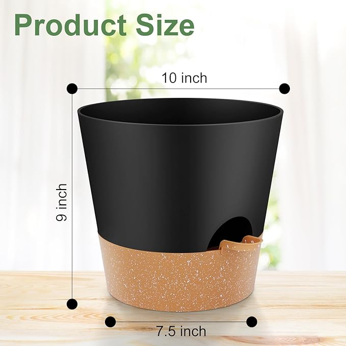 10-Inch Plant Pots, Self-Watering Planters with Drainage Holes & Saucers for Indoor and Outdoor Plants (2-Pack, Black)-BloomoryGarden