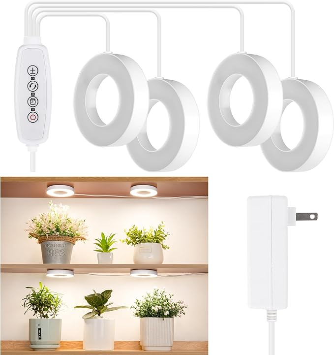 LORDEM Ceiling Grow Light for Indoor Plants, 192 LEDs Full Spectrum LED Plant Light, Plant Lamp with 3/6/12H Auto Switch, 4 Brightness Levels, Individual Bulb Control, Quad Head, Corded-BloomoryGarden
