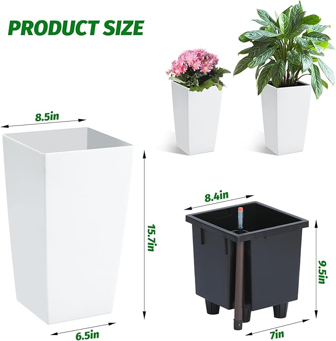 16" Tall Planters Set of 2, Outdoor＆Indoor Black Planter Pots, High Front Porch Planter Pots with Drainage Holes＆Water Level Monitor＆Inner Bucket, Automatic Watering,White-BloomoryGarden