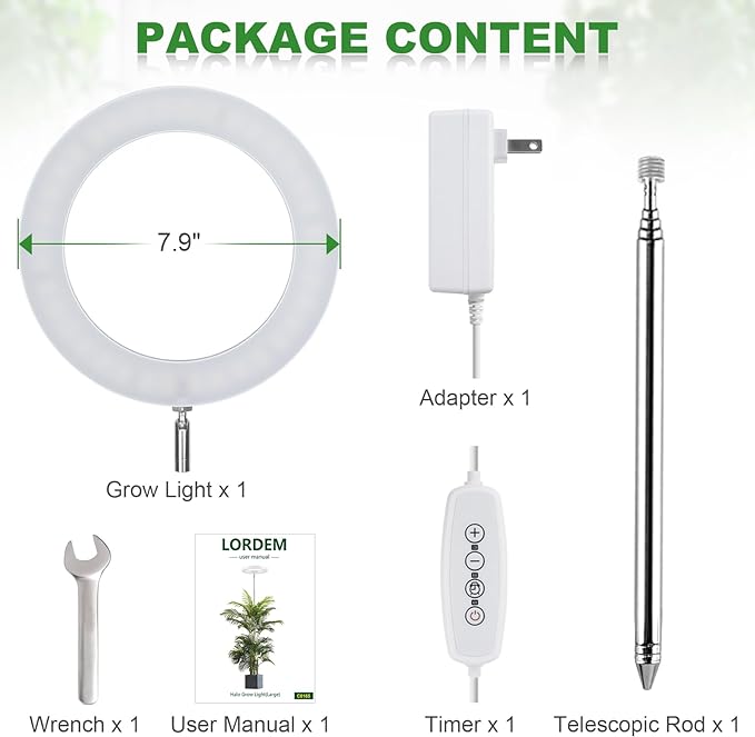LORDEM Grow Light for Indoor Plants, 7.9" Full Spectrum LED Plant Grow Light, Height Adjustable Growing Lamp with Auto Timer 4H/8H/12H, 6 Dimmable Levels, Ideal for Indoor Large Tall Plants Growth-BloomoryGarden