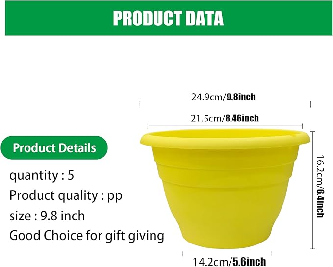 10" Planter Pot for Indoor Plants 5 Pack Plant Pots with Drainage Hole and Rubber Plug, Durable Lightweight Flower Pots Perfect for Home Decor, Yellow-BloomoryGarden