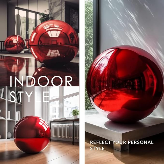 10 Inch Stainless Steel Gazing Globe,v2croft Hollow Ball Mirrored Surface Polished Shiny Sphere,Garden Stainless Steel Gazing Ball for Outdoor Lawn Pond Yard Ornament(red)-BloomoryGarden