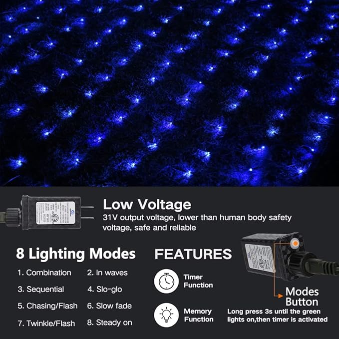 Lomotech 12ft x 5ft 360 LED Christmas Net Lights, 8 Modes Waterproof With Timer Low Voltage Connectable Mesh Lights for Trees, Bushes, Shurb, Garden, Outdoor Decoration(Green Wire, Blue)-BloomoryGarden