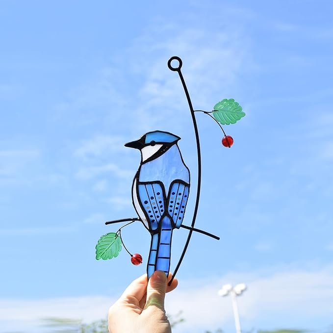 Lolitarcrafts Blue Jay Modern Stained Glass Window Hangings Blue Birds Suncathers for Window-BloomoryGarden