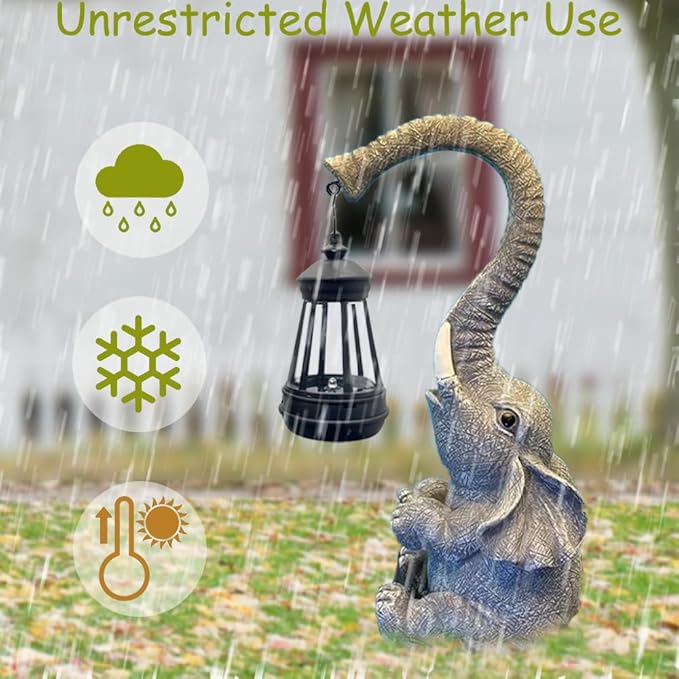 10.6 Inch Statue Elephant with Solar Outdoor Lights for Garden Decor，Lucky Present with Appeal for Birthdays(Man and Women and Family)，Unique Housewarming Presents and Yard Decor. (Gray)-BloomoryGarden