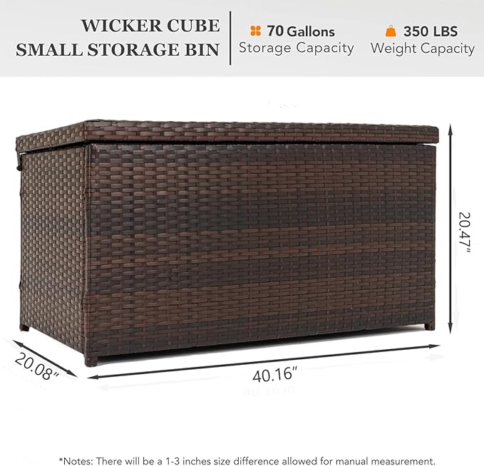 Outdoor 70 Gallon Wicker Storage Box with Waterproof Liner, Patio PE Rattan Storage Container for Outside, Deck Box with Hinged Lid for Cushions, Pillows, Towels, Horizontal Bin, Brown-BloomoryGarden