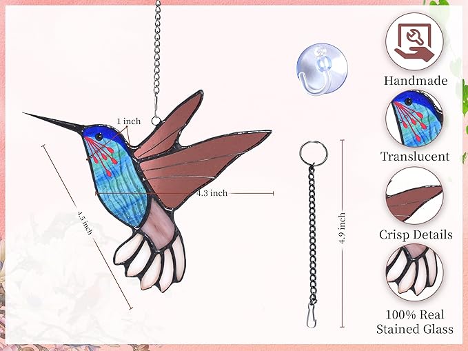 Lolitarcrafts Stained Glass Hummingbird Window Hangings with Flowers, Bird Stained Glass Suncatcher for Window Decor Hummingbird Gifts for Mom,Bird Lovers (Blue B)-BloomoryGarden