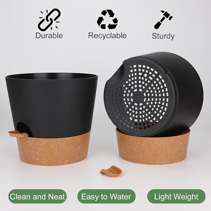 10-Inch Plant Pots, Self-Watering Planters with Drainage Holes & Saucers for Indoor and Outdoor Plants (2-Pack, Black)-BloomoryGarden