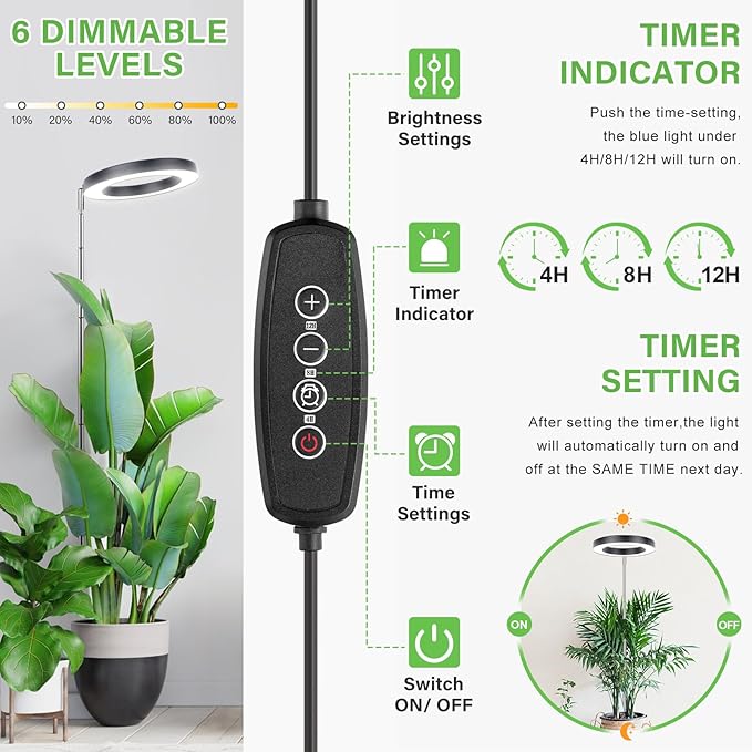 LORDEM Grow Light for Indoor Plants, 7.9" Full Spectrum LED Plant Grow Light, Height Adjustable Growing Lamp with Auto Timer 4H/8H/12H, 6 Dimmable Levels, Ideal for Large Tall Plants, 2 Packs, Black-BloomoryGarden