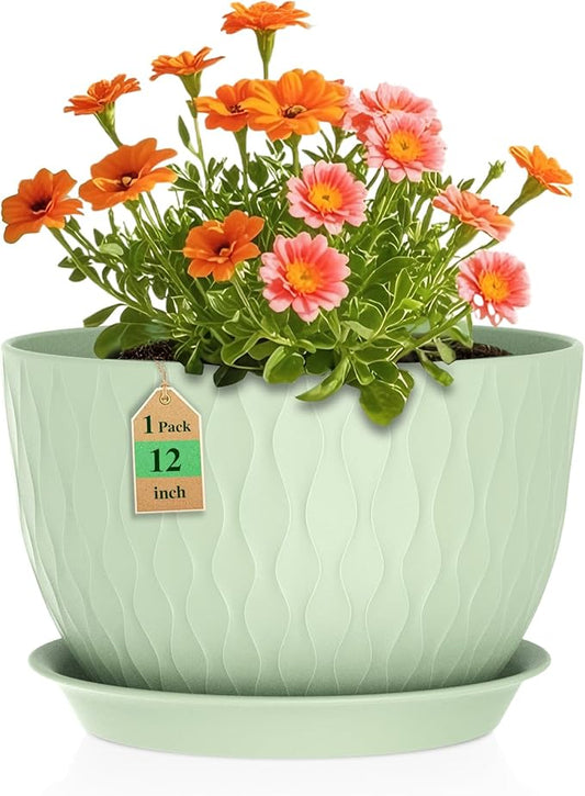 12 Inch Large Plant Pots for Indoor or Outdoor Plants, Wide Water Ripples Flower Pots with Drainage Holes & Saucer, Plastic Planters Set for Garden & Home Decor (Green)-BloomoryGarden