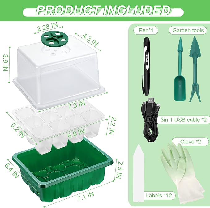 Lunies 6 Packs Seed Starter Tray with Grow Light, Indoor Greenhouse Seeding Starter Trays for Planting, Base Gardening Plant Germination Kit, Seed Starter Kit with Humidity Domes, (12 Cells per Tray)-BloomoryGarden