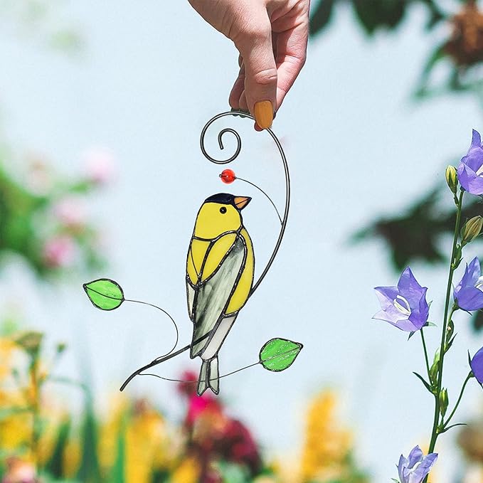 Lolitarcrafts Goldfinch Stained Glass Window Hangings Bird Suncathers for Window-BloomoryGarden