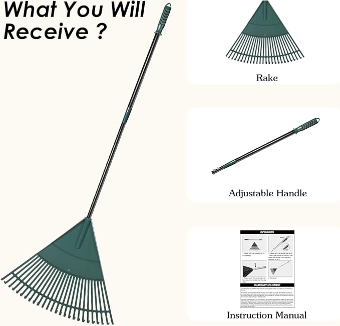 ORIENTOOLS Garden Leaf Rake, Garden Rakes for Lawns Leaves with 47-65" Adjustable Black Handle Rake, 26 Strong Tines Plastic Head Shrub Rake, Yard Garden Rake for Lawns, Flower Beds Leaves Cleaning-BloomoryGarden