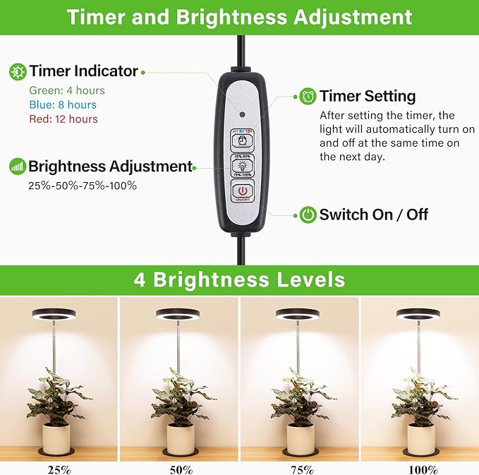 LORDEM Grow Light, LED Plant Light for Indoor Plants Growing, Full Spectrum Desk Growth Lamp with Automatic Timer for 4H/8H/12H, 4 Dimmable Levels, Height Adjustable 9.8"-30.6", Black-BloomoryGarden