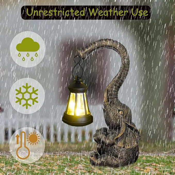 10.6 Inch Statue Elephant with Solar Outdoor Lights for Garden Decor，Lucky Present with Appeal For Birthdays(Man and Women and family)， Unique Housewarming Presents and Yard Decoration. (black)-BloomoryGarden
