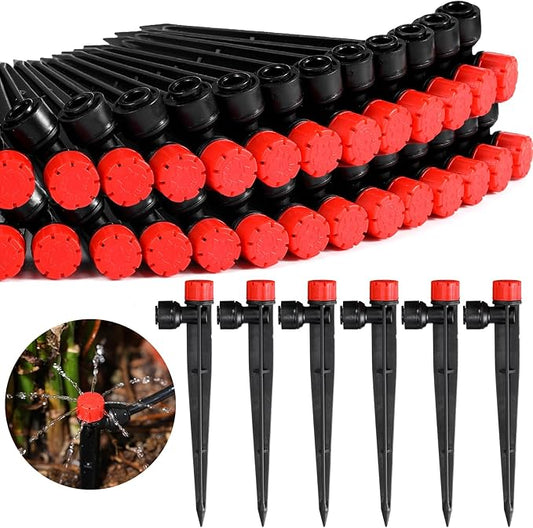 100 Pcs Drip Irrigation Emitters for 1/4'' Irrigation Tubing Adjustable Water Flow Drip Emitters with Stake Drip Irrigation System Irrigation Drippers with 360 Degree Sprayer for Garden Patio-BloomoryGarden