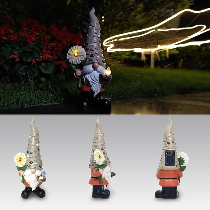 12 Inch Solar Garden Gnome Statue Clearance with Sunflower and Bird's Nest Light – Outdoor High Hat Gnome Sculpture Outdoor Statue for Patio and Garden Decor – Figurine Gift for Gnome Lovers-BloomoryGarden