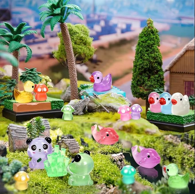 Luminous Mini Resin Animals - 130 Pcs Tiny Animals Mini Ducks Tortoise Rabbit Panda Mushroom Fruits Seashells Set Figurines Glow in The Dark Garden Miniatures Fairy Garden Accessories-BloomoryGarden