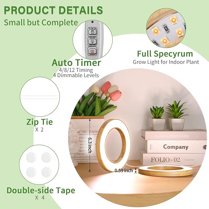 LORDEM 6.3" Bamboo Ceiling Grow Lamp for Indoor Plants, 216 LEDs Full Spectrum Halo Plant Light, Under Cabinet Grow Lights with 4/8/12H Auto Timer Switch Modes, 4 Dimmable Brightness Levels, Tri Head-BloomoryGarden
