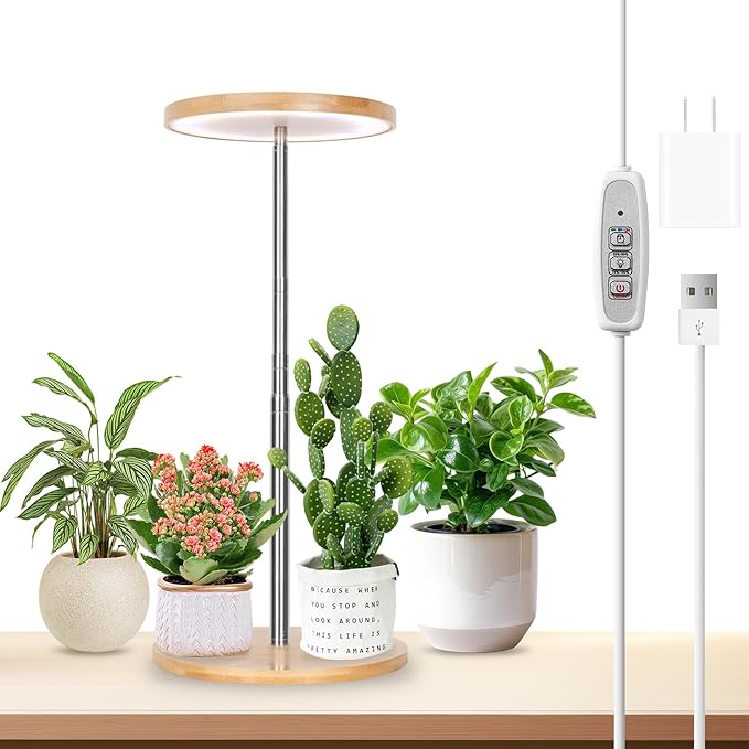 LORDEM Bamboo Grow Light, LED Plant Light for Indoor Plants Growing, Full Spectrum Bamboo Desk Growth Lamp with Automatic Timer for 4H/8H/12H, 4 Dimmable Levels, Height Adjustable-BloomoryGarden