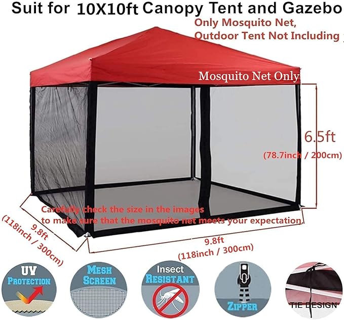 10x10 Mosquito Net with Zipper for Patio Camping Gazebo and Canopy Tent, Outdoor Gazebo Replacement Mosquito Netting Tent Screen Wall, Ultra Fine Mesh(Only Net No Frame)-BloomoryGarden