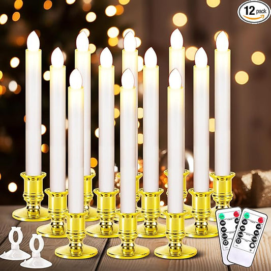 12 Pack Christmas Window Candles, Battery Operated Window Candles with Timer Remote, Candle Holder Suction Cup for Christmas Decorations, Gold-BloomoryGarden