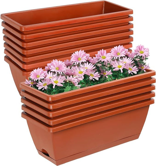 12Pcs 17Inches Rectangle Planter Box with Drainage Holes and Trays Plastic Planters Flower Boxes Pots for Indoor Outdoor Plants Patio Garden Home Decor Porch Yard (Red)-BloomoryGarden
